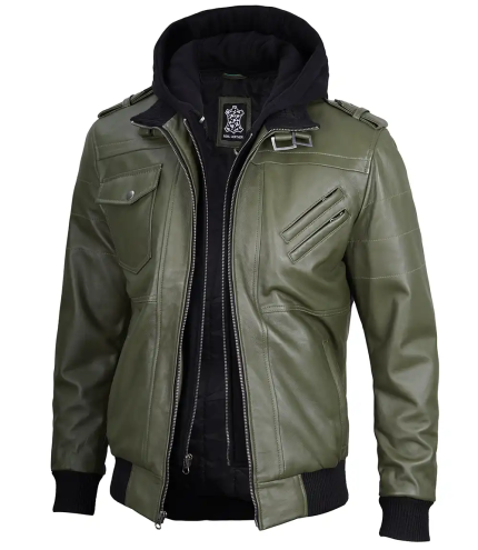 Men's Military Green Leather Jacket with Removable Hoodie