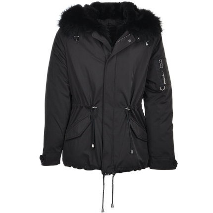 Hooded Raccoon Fur Parka With Removable Fur Trim Lining Black/Blk