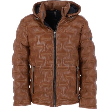 Leather Detachable Hood Puffer Jacket Cognac