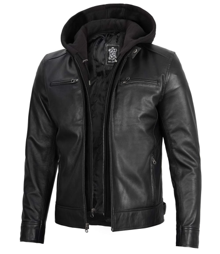 Men's Simple Black Biker Style Leather Hooded Jacket
