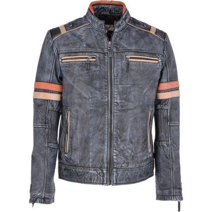 Vintage Leather Biker Jacket Blue/ Black